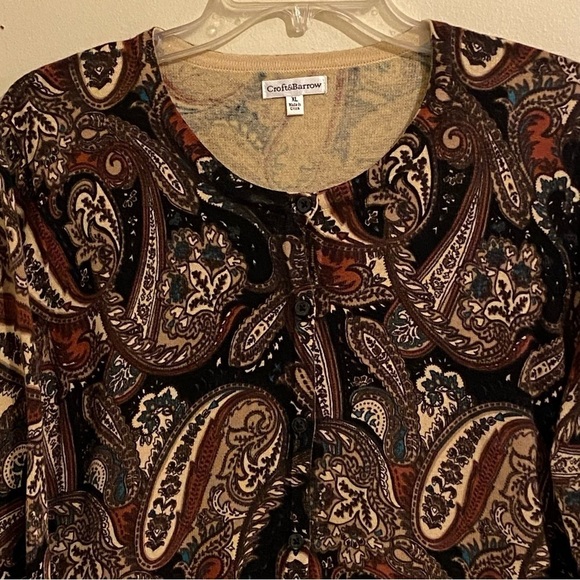 Croft & Barrow Women’s Size XL Cardigan Lightweight Paisley Brown Button Sweater - Picture 2 of 9